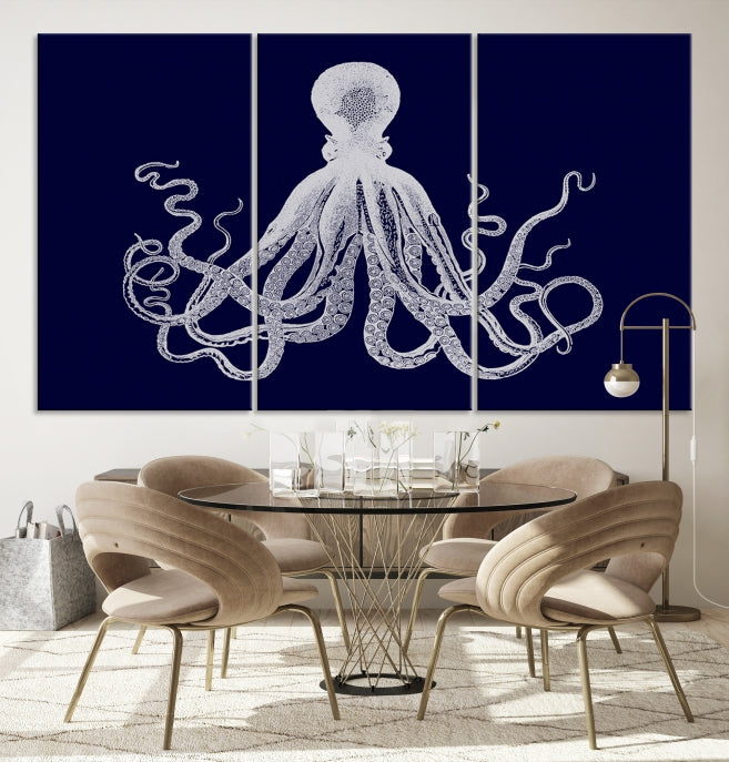 Blue Octopus Painting Large Wall Art Canvas Print Office Decor