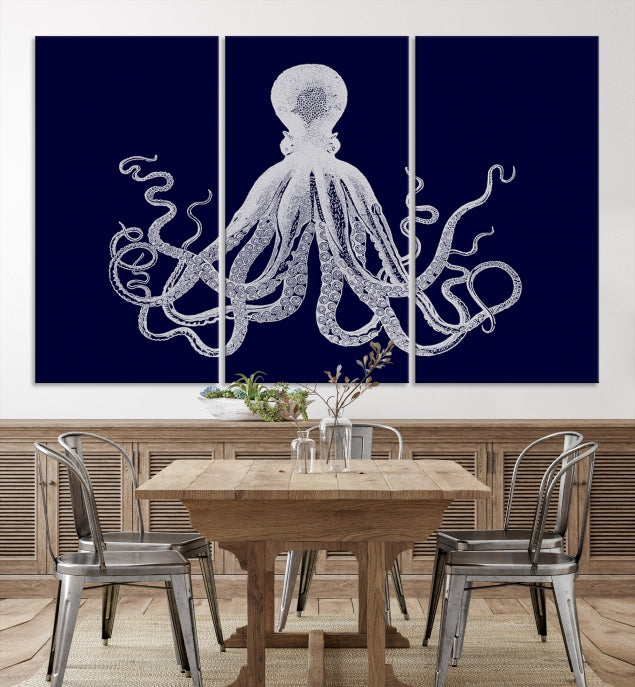 Blue Octopus Painting Large Wall Art Canvas Print Office Decor