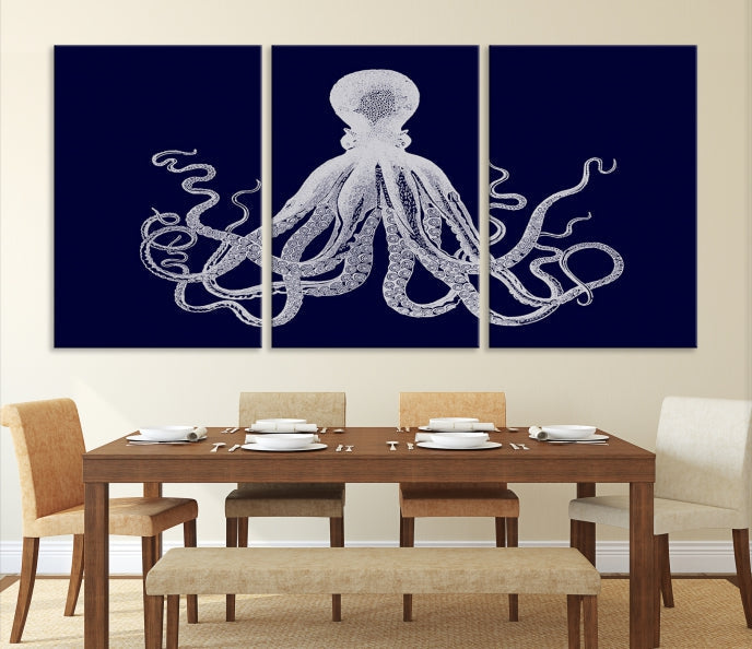 Blue Octopus Painting Large Wall Art Canvas Print Office Decor