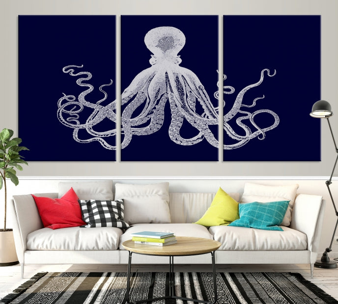 Blue Octopus Painting Large Wall Art Canvas Print Office Decor