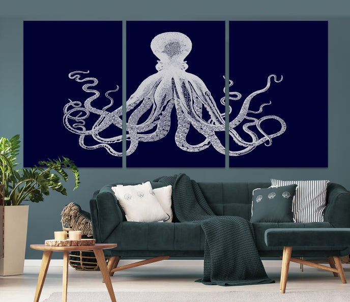 Blue Octopus Painting Large Wall Art Canvas Print Office Decor