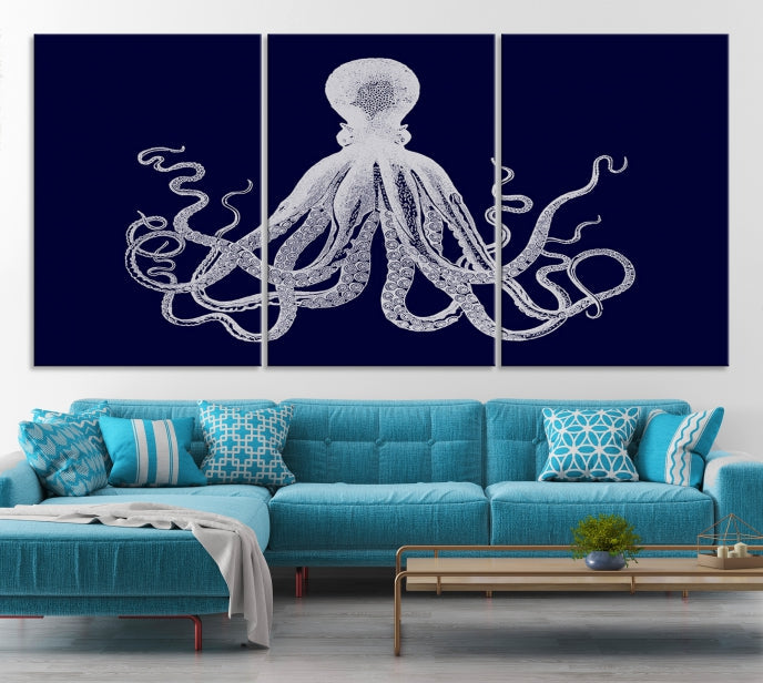 Blue Octopus Painting Large Wall Art Canvas Print Office Decor