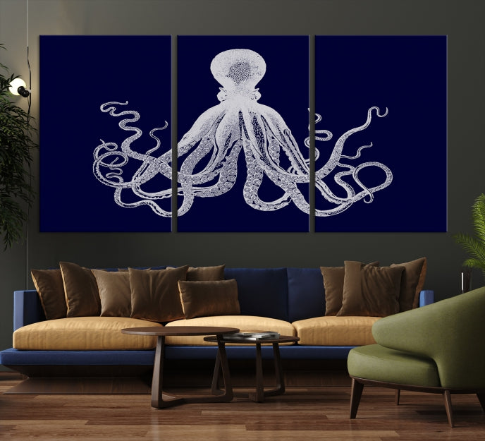 Blue Octopus Painting Large Wall Art Canvas Print Office Decor