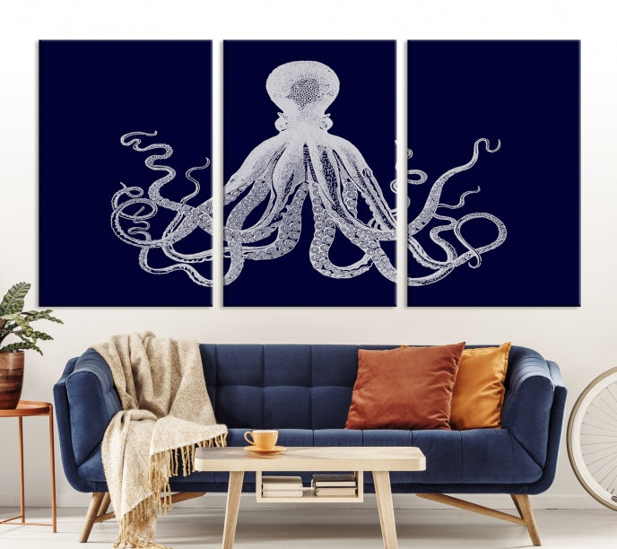 Blue Octopus Painting Large Wall Art Canvas Print Office Decor