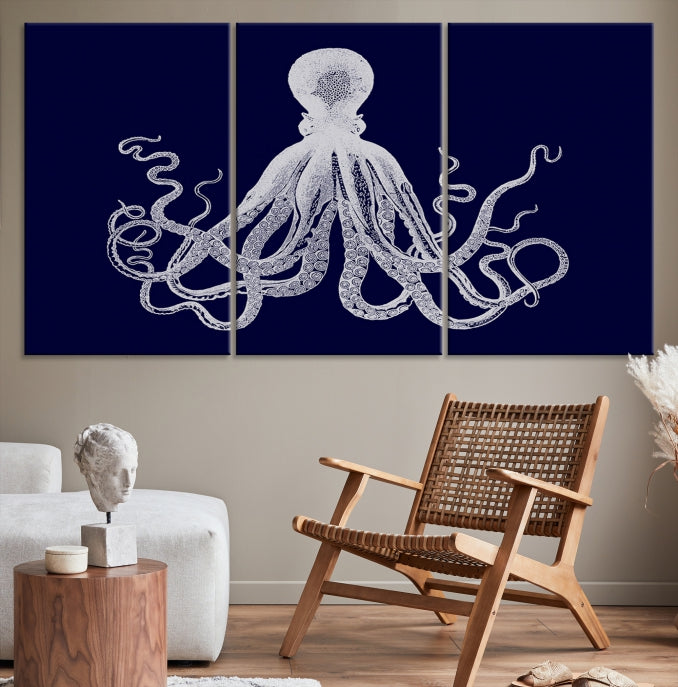 Blue Octopus Painting Large Wall Art Canvas Print Office Decor