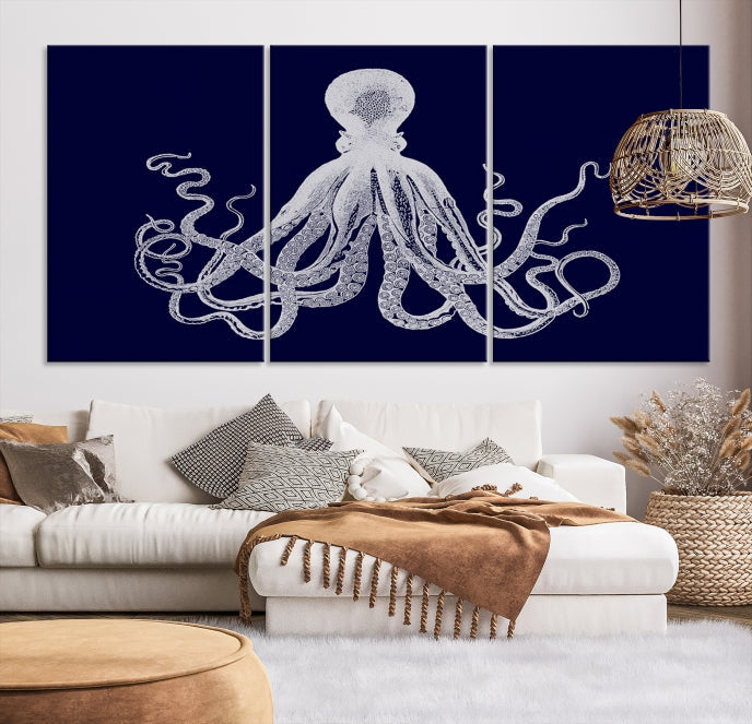 Blue Octopus Painting Large Wall Art Canvas Print Office Decor