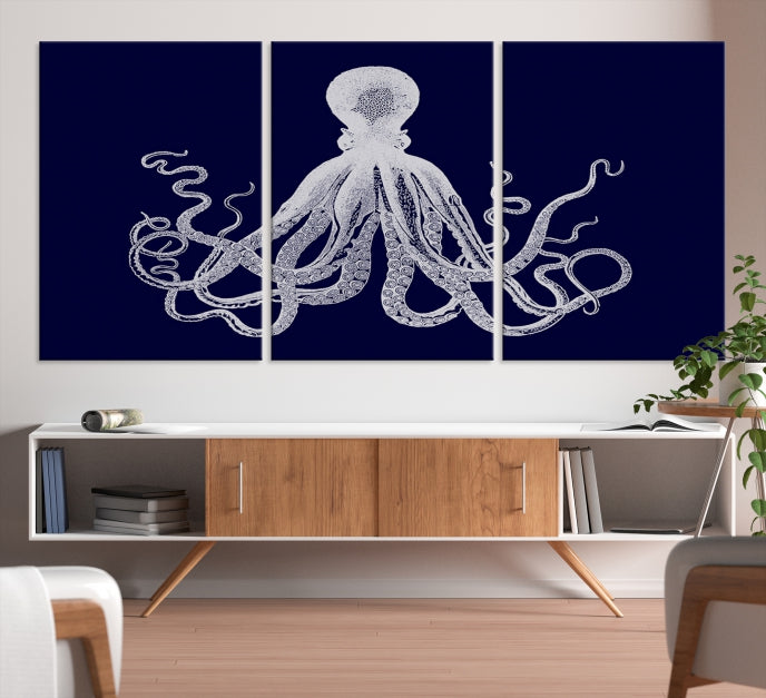 Blue Octopus Painting Large Wall Art Canvas Print Office Decor