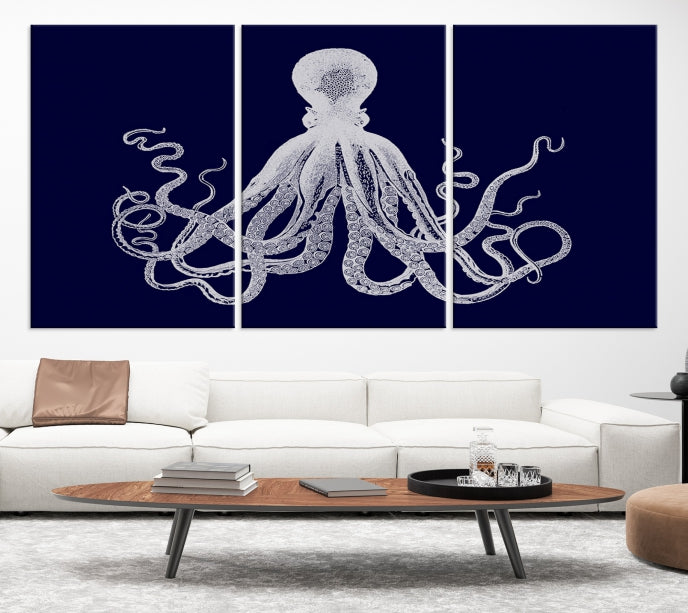 Blue Octopus Painting Large Wall Art Canvas Print Office Decor