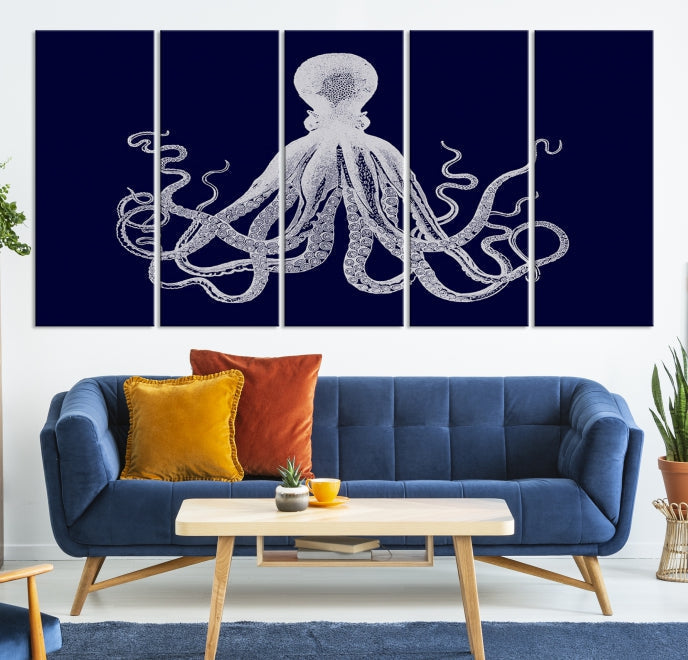 Blue Octopus Painting Large Wall Art Canvas Print Office Decor