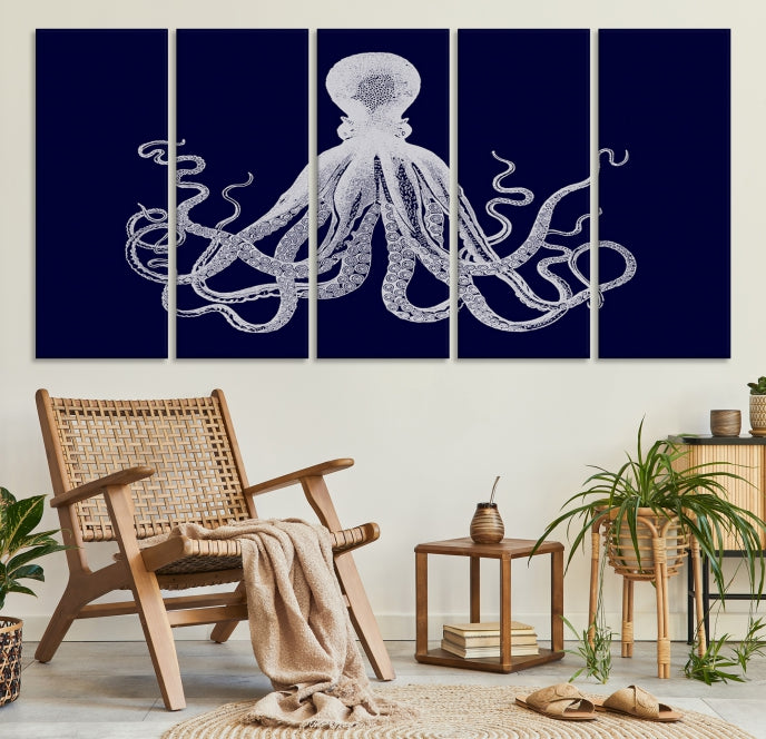 Blue Octopus Painting Large Wall Art Canvas Print Office Decor