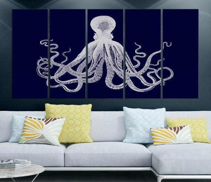 Blue Octopus Painting Large Wall Art Canvas Print Office Decor