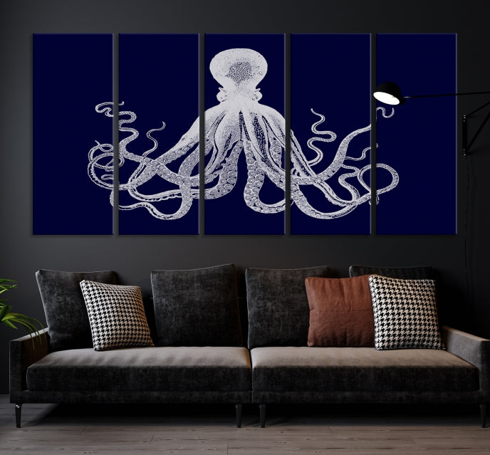 Blue Octopus Painting Large Wall Art Canvas Print Office Decor