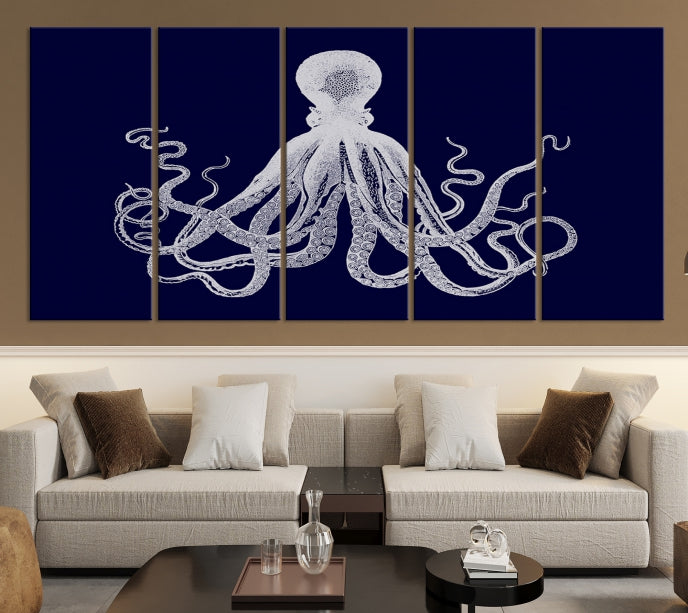 Blue Octopus Painting Large Wall Art Canvas Print Office Decor