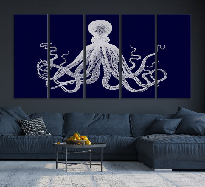 Blue Octopus Painting Large Wall Art Canvas Print Office Decor