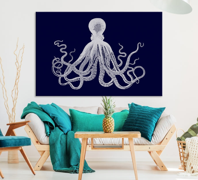 Blue Octopus Painting Large Wall Art Canvas Print Office Decor