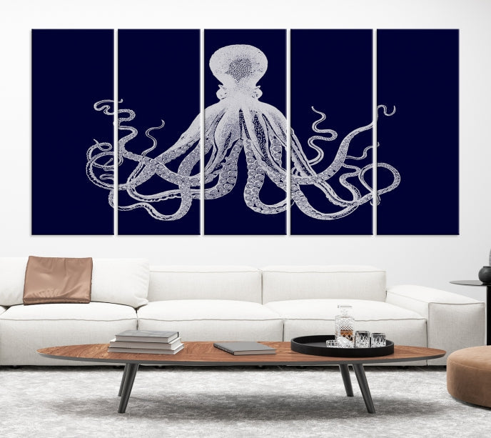 Blue Octopus Painting Large Wall Art Canvas Print Office Decor