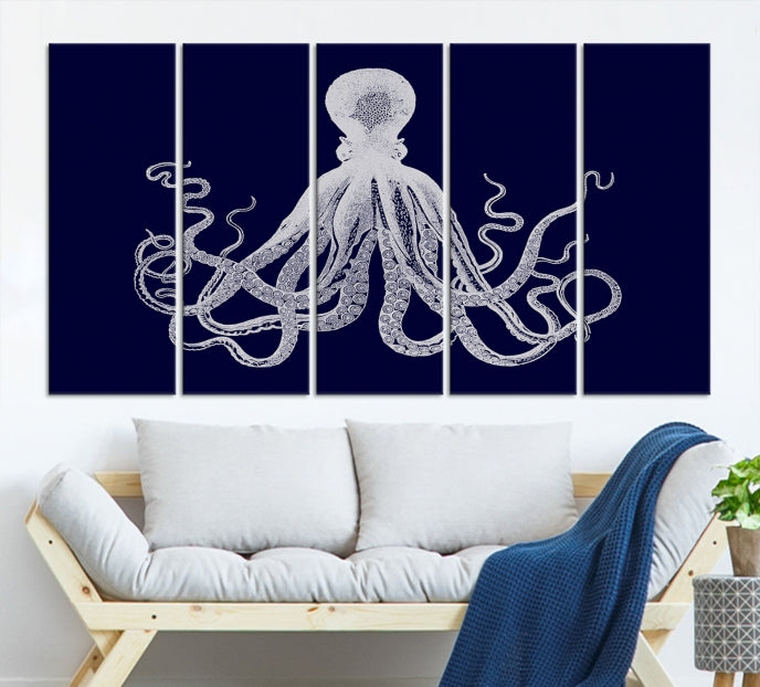 Blue Octopus Painting Large Wall Art Canvas Print Office Decor