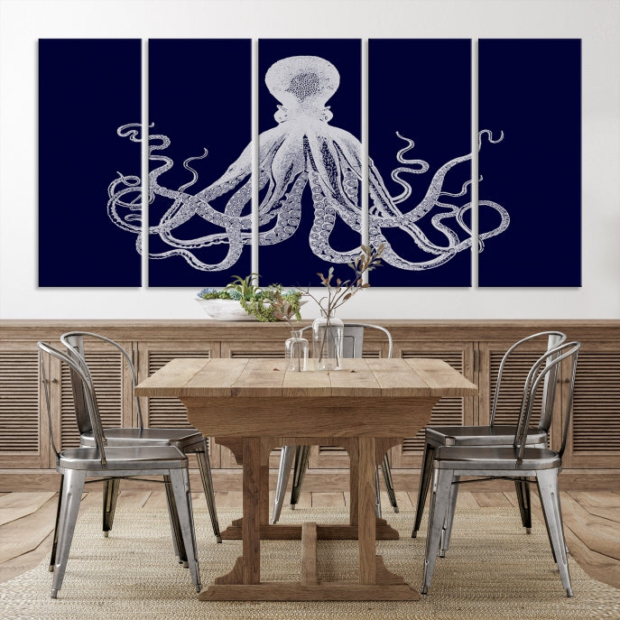 Blue Octopus Painting Large Wall Art Canvas Print Office Decor