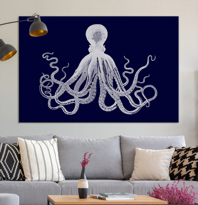 Blue Octopus Painting Large Wall Art Canvas Print Office Decor