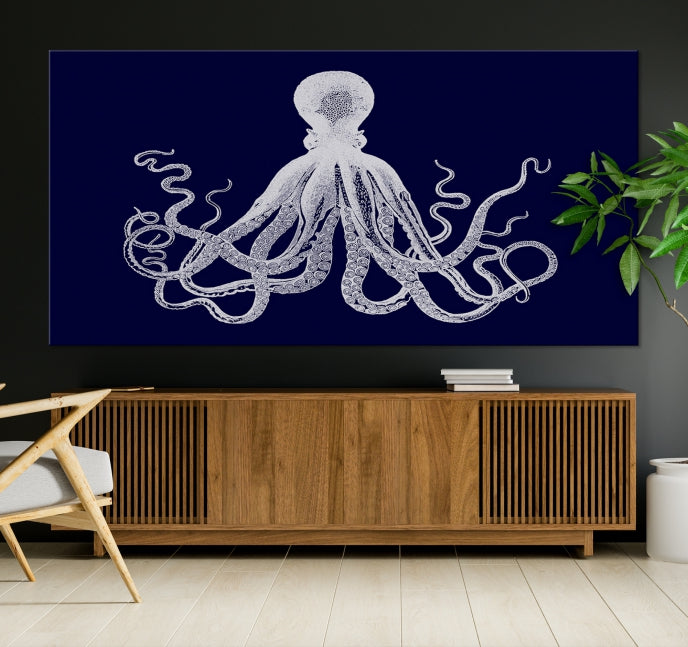 Blue Octopus Painting Large Wall Art Canvas Print Office Decor