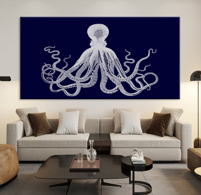 Blue Octopus Painting Large Wall Art Canvas Print Office Decor