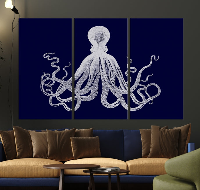 Blue Octopus Painting Large Wall Art Canvas Print Office Decor