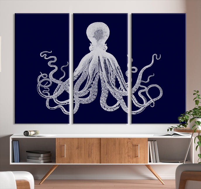 Blue Octopus Painting Large Wall Art Canvas Print Office Decor