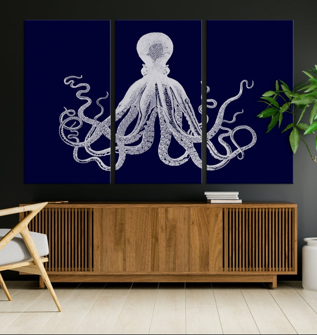 Blue Octopus Painting Large Wall Art Canvas Print Office Decor