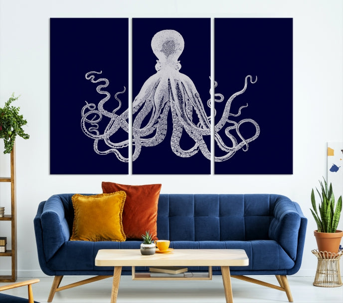 Blue Octopus Painting Large Wall Art Canvas Print Office Decor