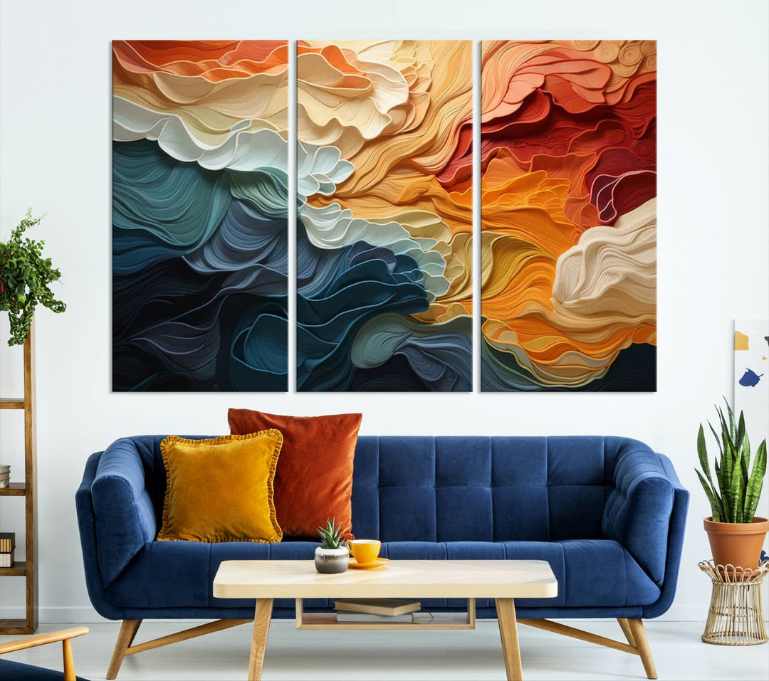 Blue Orange Abstract Wave Wall Art Canvas Print