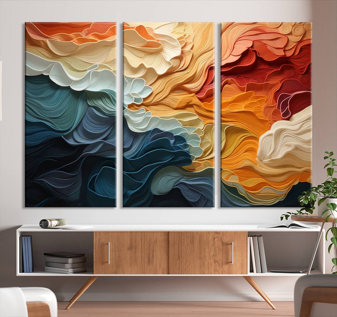 Blue Orange Abstract Wave Wall Art Canvas Print