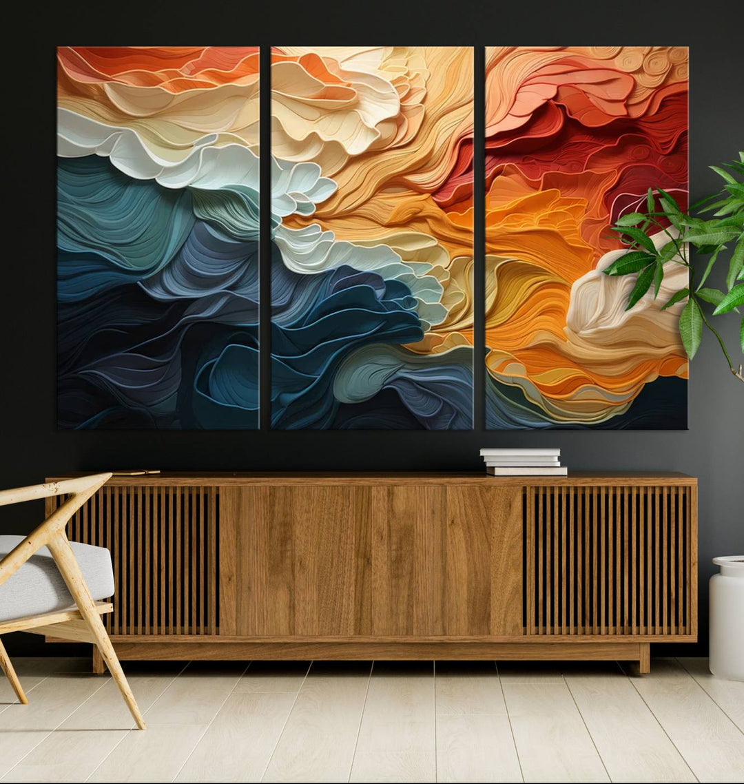 Blue Orange Abstract Wave Wall Art Canvas Print