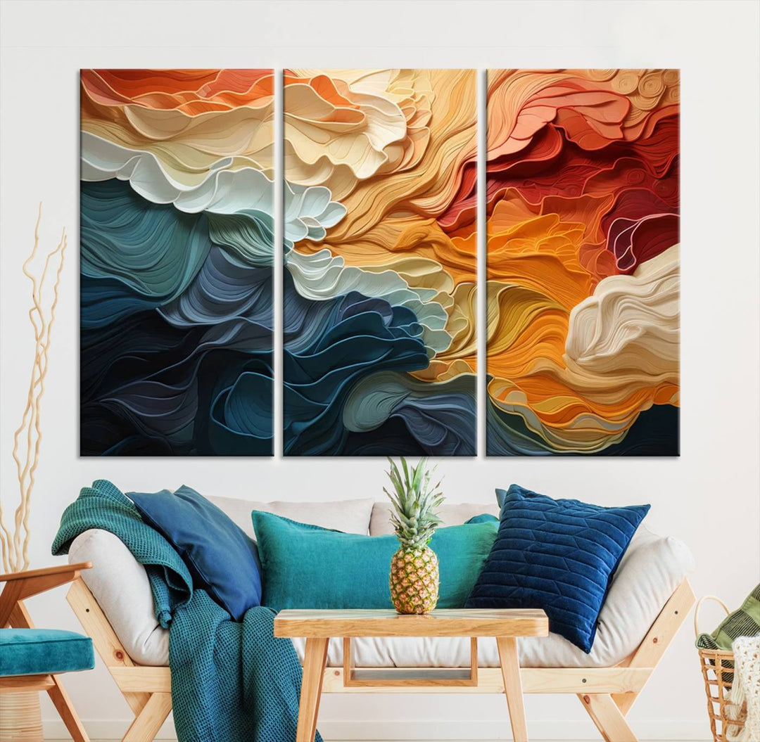 Blue Orange Abstract Wave Wall Art Canvas Print