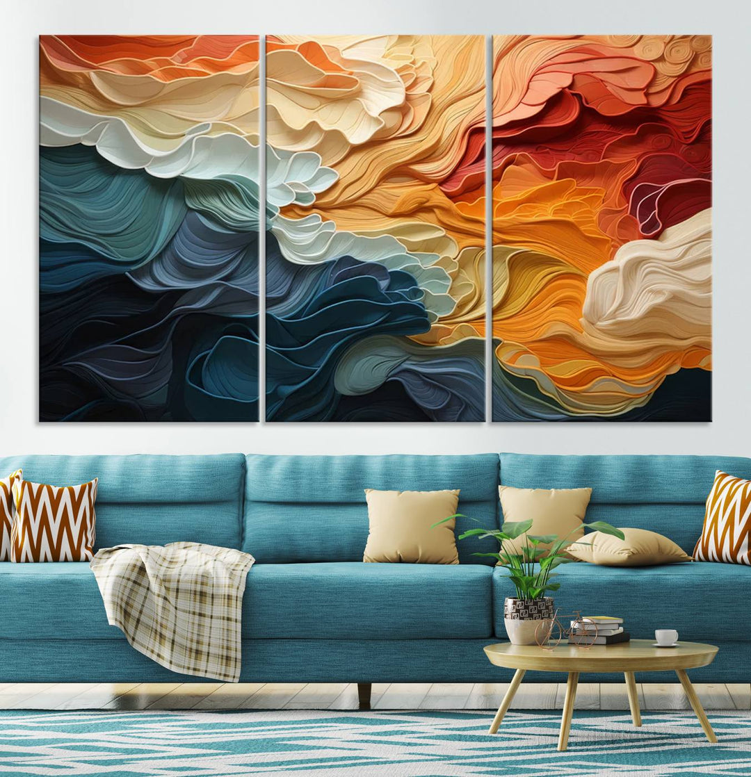 Blue Orange Abstract Wave Wall Art Canvas Print