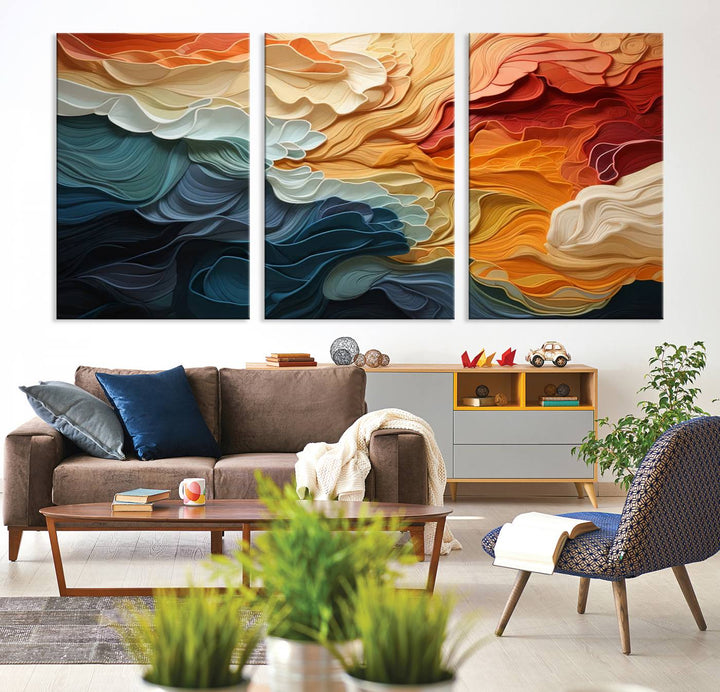 Blue Orange Abstract Wave Wall Art Canvas Print