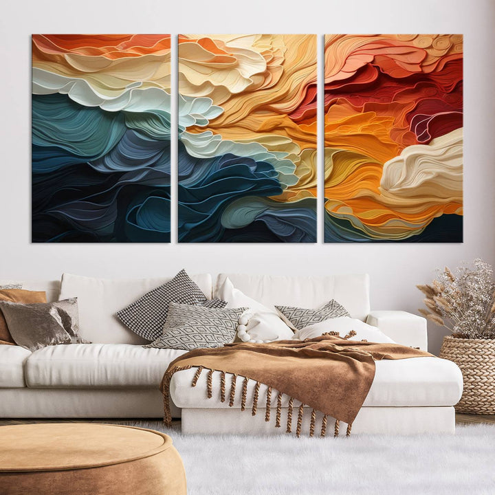 Blue Orange Abstract Wave Wall Art Canvas Print