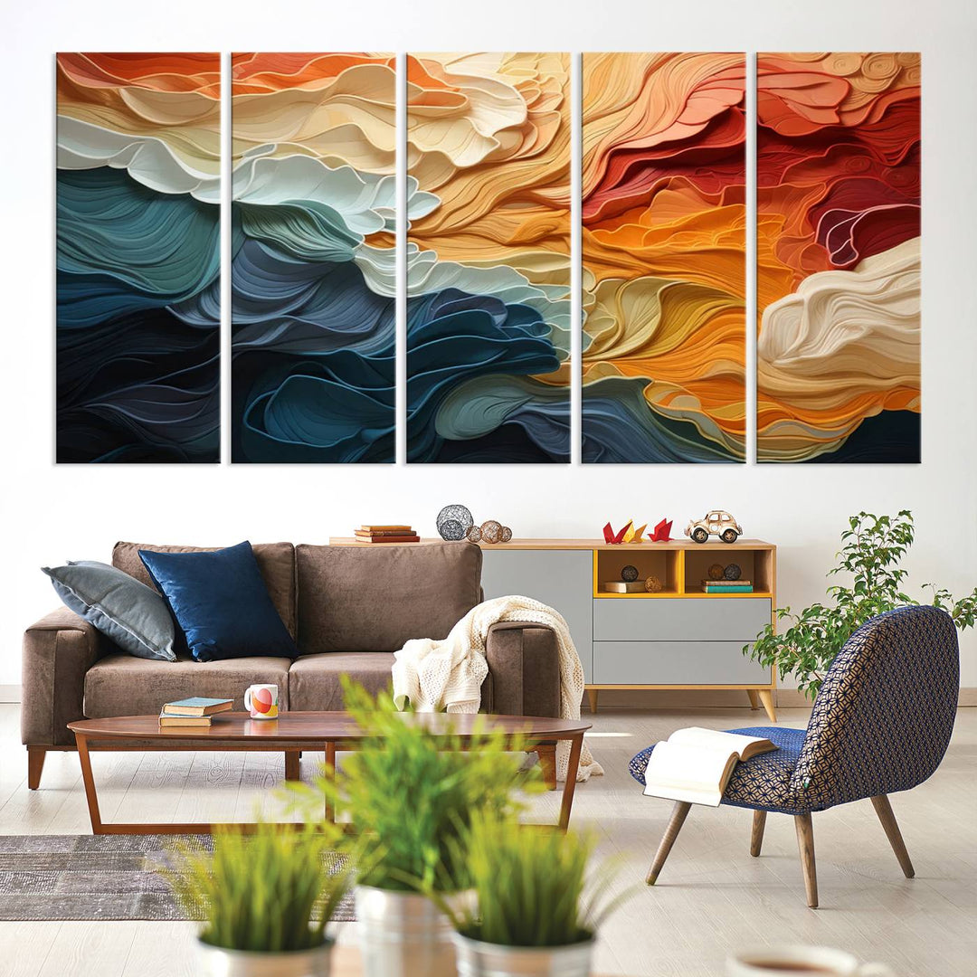 Blue Orange Abstract Wave Wall Art Canvas Print