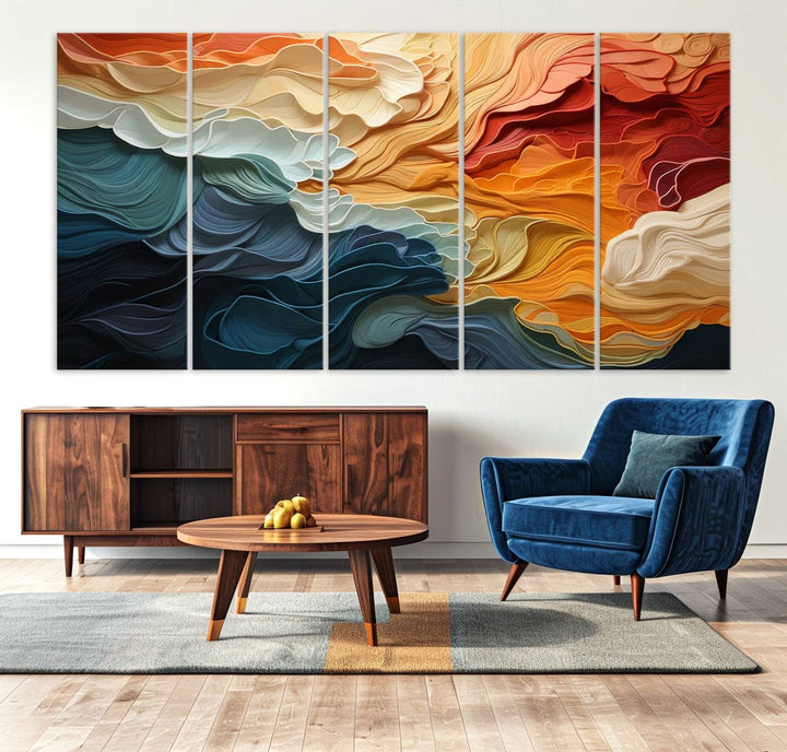 Blue Orange Abstract Wave Wall Art Canvas Print