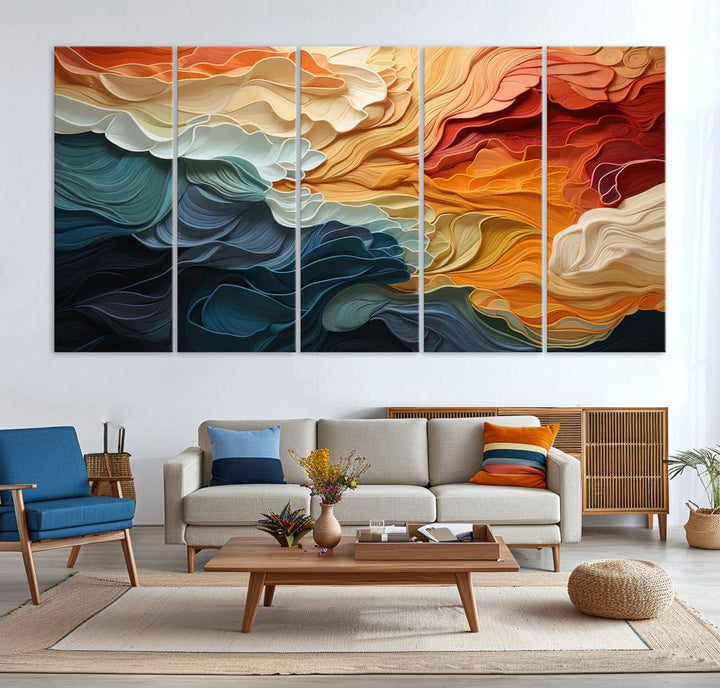 Blue Orange Abstract Wave Wall Art Canvas Print