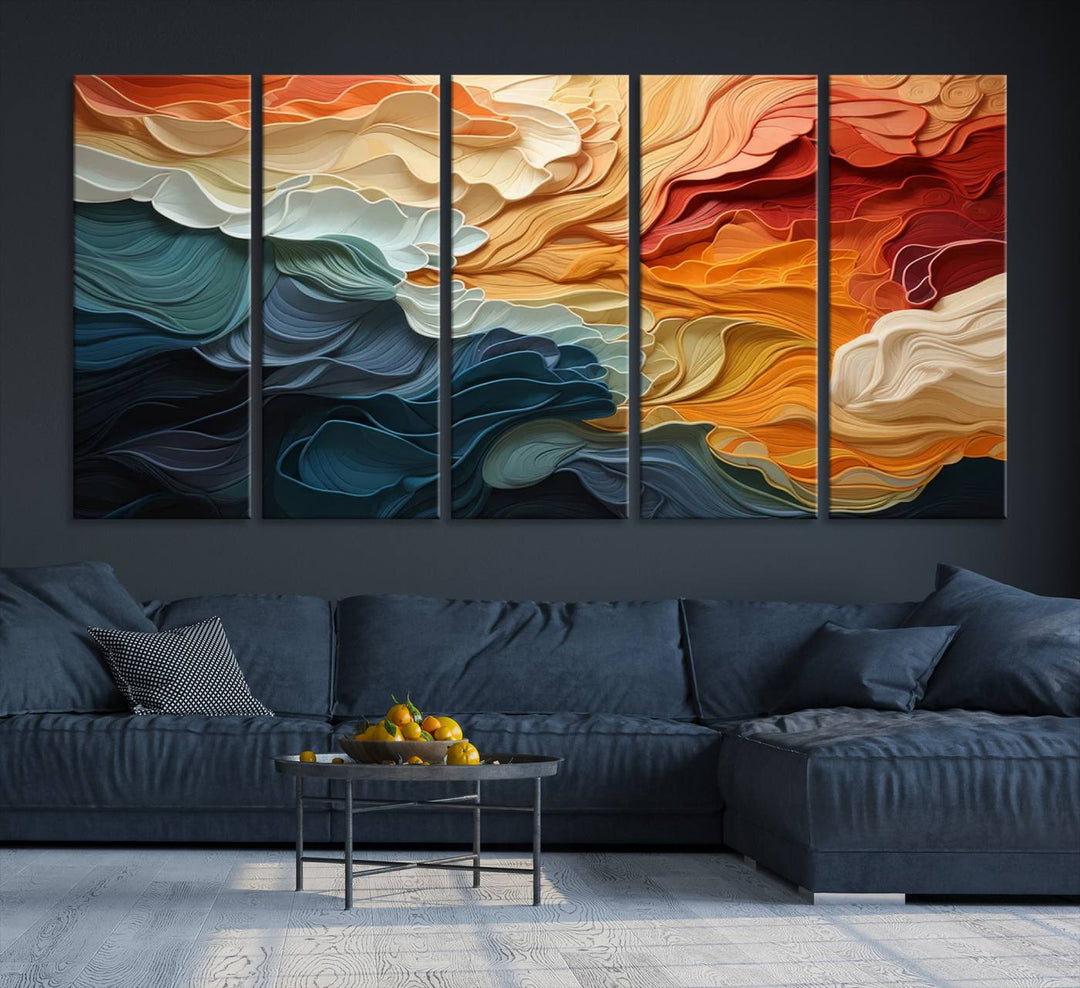 Blue Orange Abstract Wave Wall Art Canvas Print