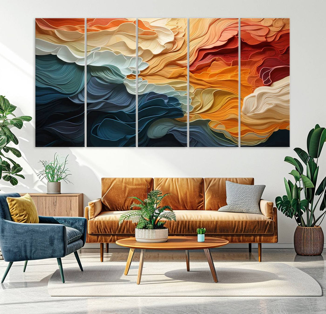 Blue Orange Abstract Wave Wall Art Canvas Print