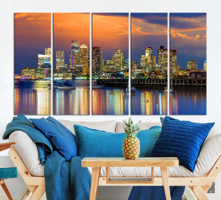 Blue Orange Boston Skyline Picture Canvas Print Cityscape Wall Art Framed