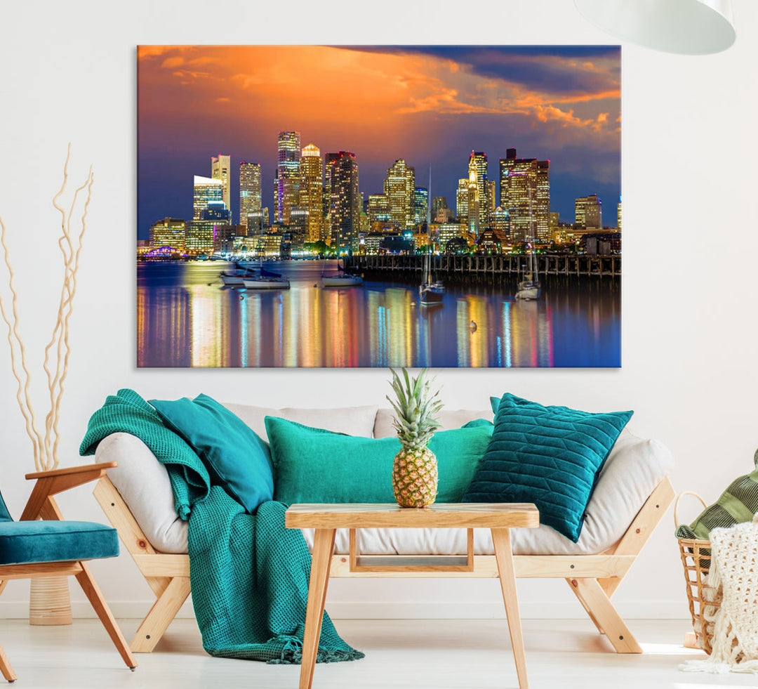 Blue Orange Boston Skyline Picture Canvas Print Cityscape Wall Art Framed