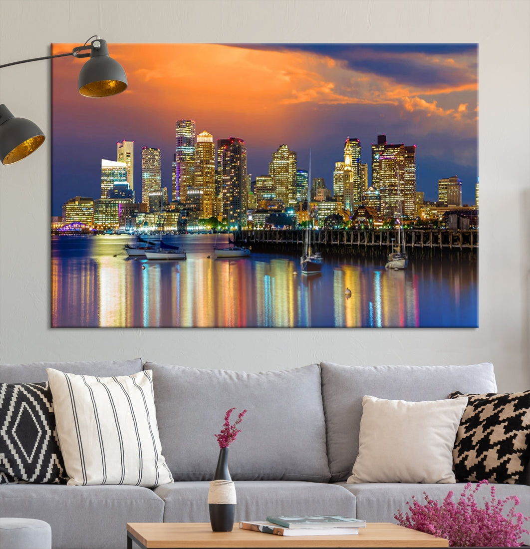 Blue Orange Boston Skyline Picture Canvas Print Cityscape Wall Art Framed