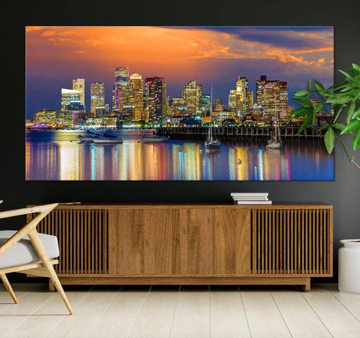 Blue Orange Boston Skyline Picture Canvas Print Cityscape Wall Art Framed