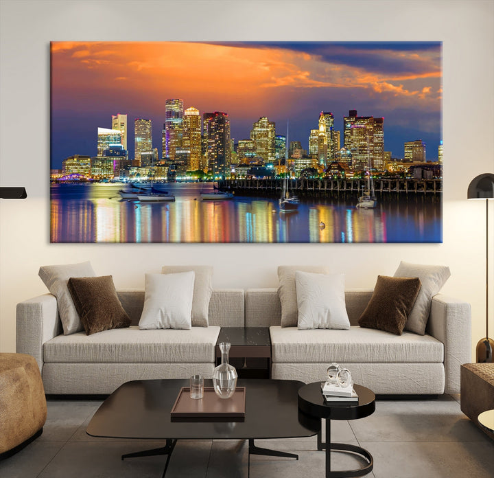 Blue Orange Boston Skyline Picture Canvas Print Cityscape Wall Art Framed