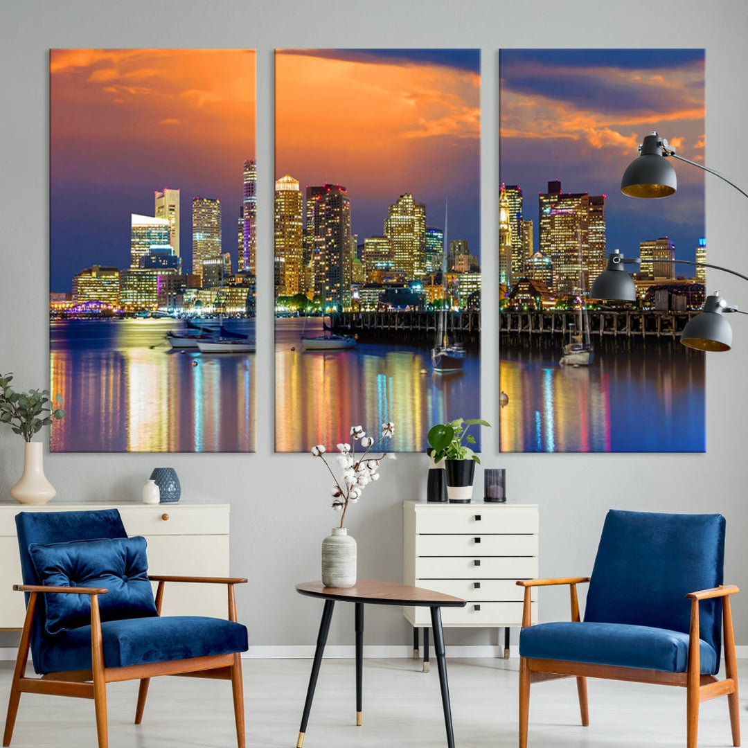 Blue Orange Boston Skyline Picture Canvas Print Cityscape Wall Art Framed