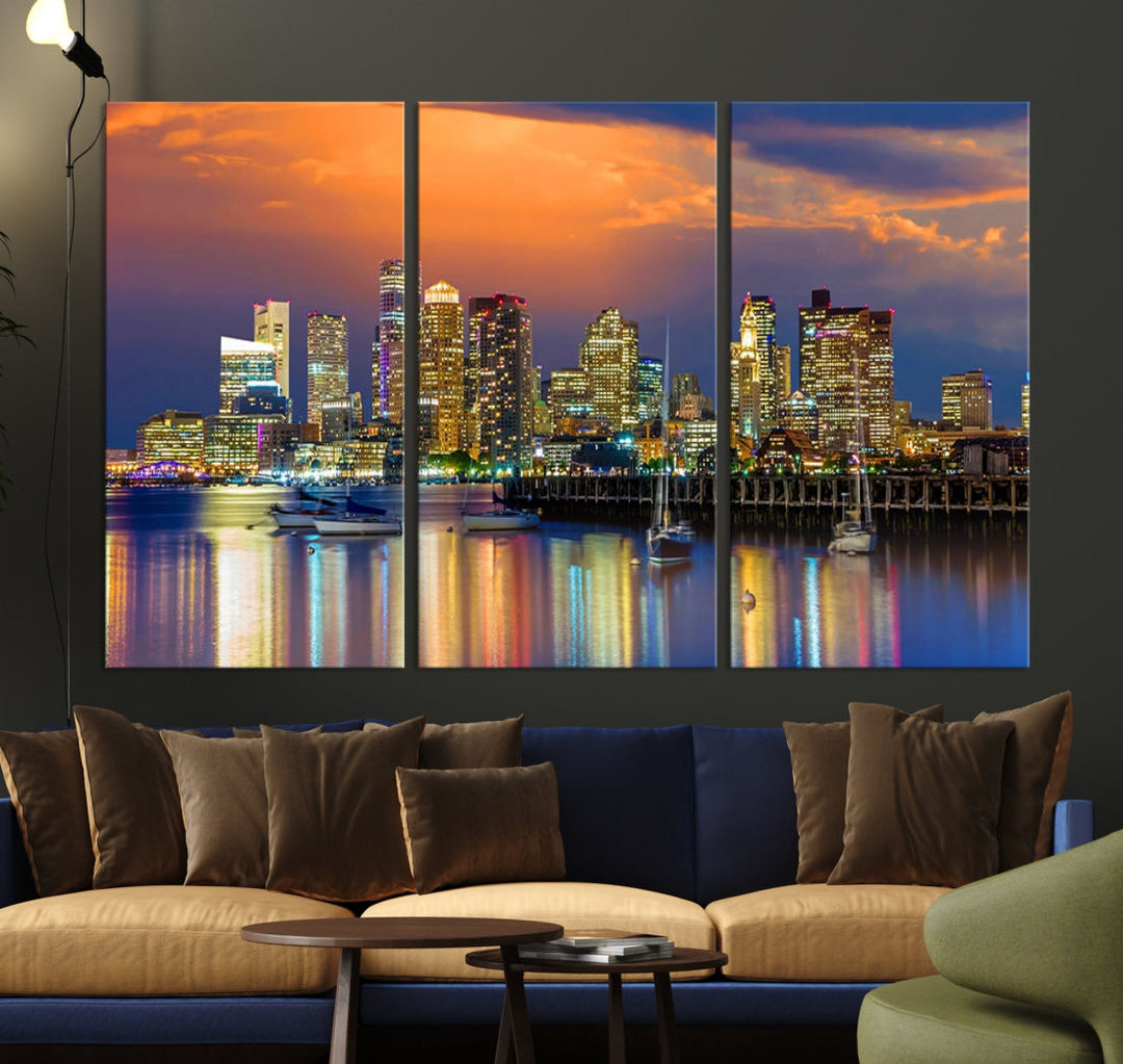 Blue Orange Boston Skyline Picture Canvas Print Cityscape Wall Art Framed