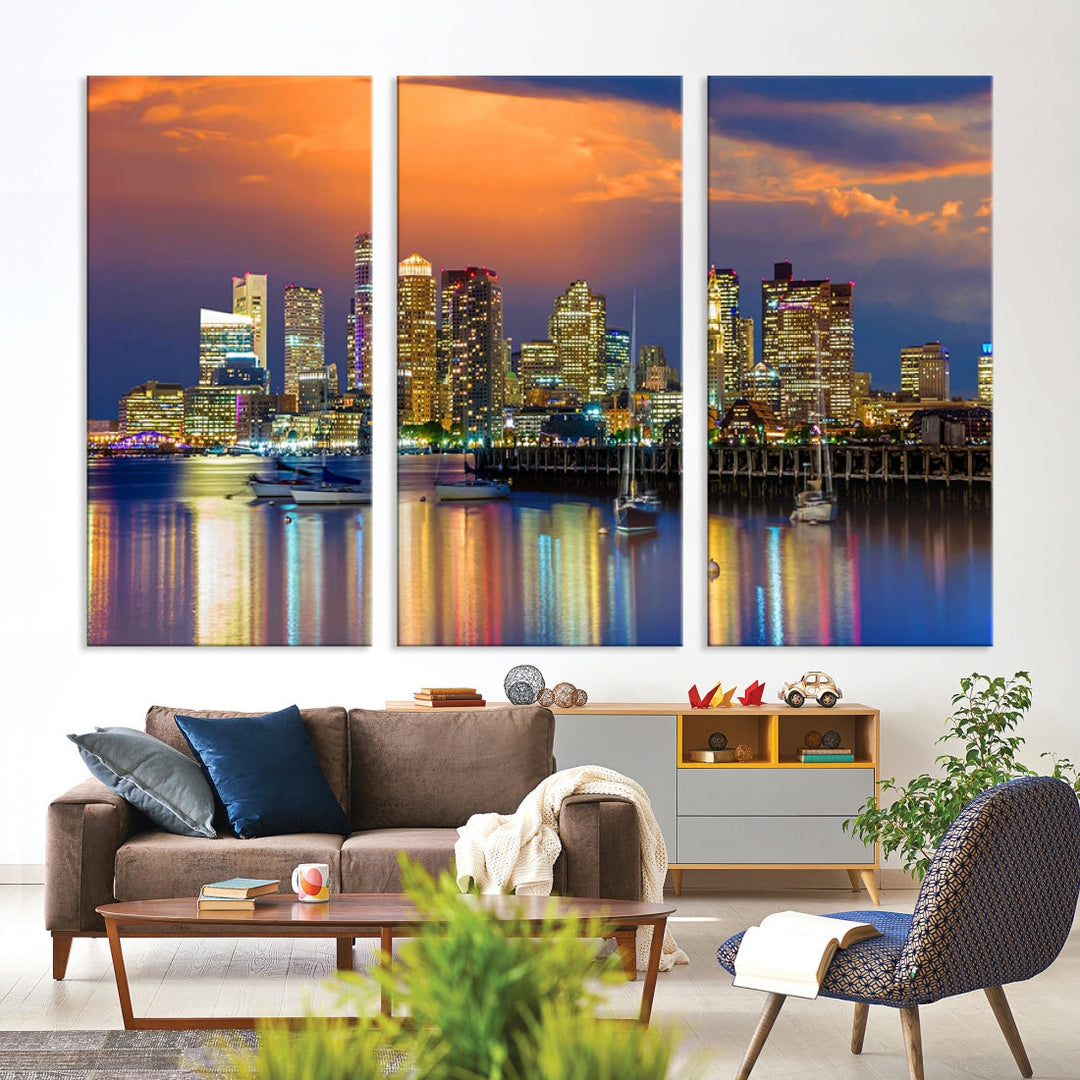 Blue Orange Boston Skyline Picture Canvas Print Cityscape Wall Art Framed