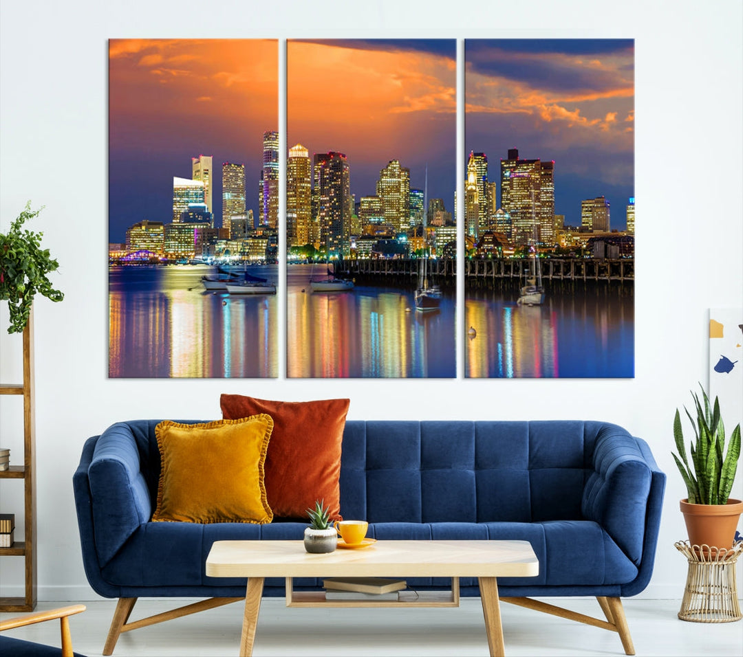 Blue Orange Boston Skyline Picture Canvas Print Cityscape Wall Art Framed